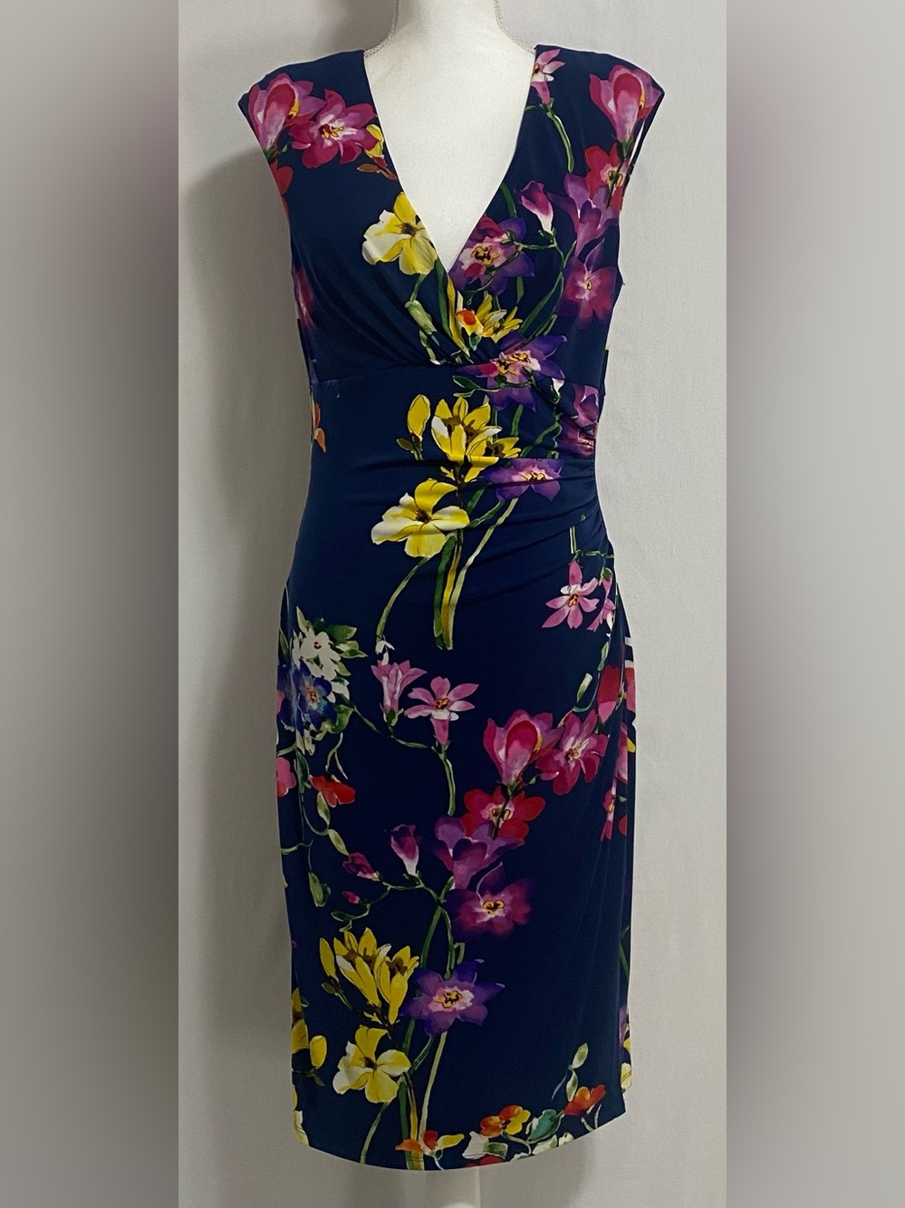 Lauren Ralph Lauren Navy Floral Midi Dress with Yellow and Pink Accents